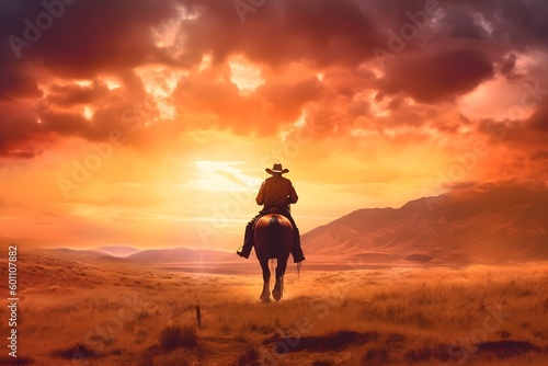 cowboy on a horse in a field rides at sunset background. wild west wallpaper. Generative AI
