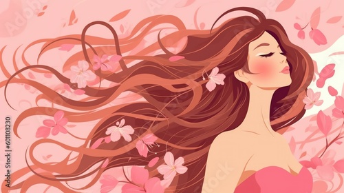 Girl with flowing hair in a pink summer breeze