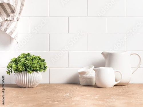 Stylish white kitchen background with kitchen utensils, copy space for text