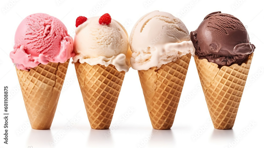 Ice cream scoops in cones with chocolate, vanilla and strawberry isolated on white background. Generative AI Ice cream scoops in cones with chocolate, vanilla and strawberry isolated on white background. Generative AI