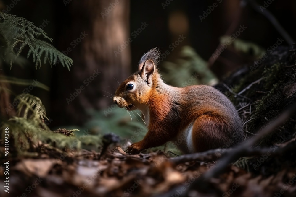 Fototapeta premium illustration, a squirrel in the forest, ai generative