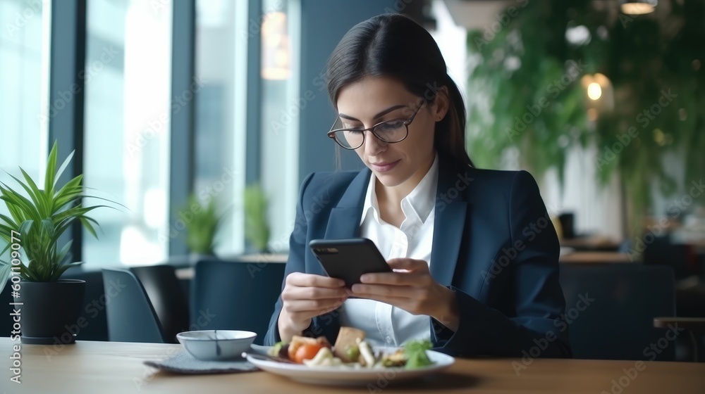 Busy businesswoman eating lunch and checking phone Busy businesswoman eating lunch and checking phone