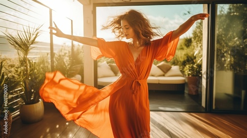 Portrait of a carefree young woman dancing in orange dress
