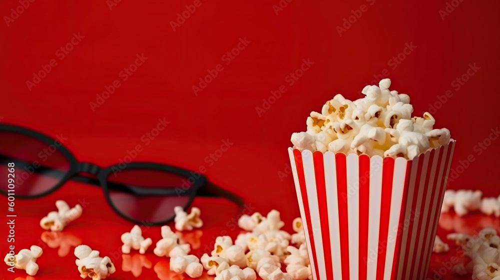 Get Ready for Movie Night, A Bright Red Background with Glasses and Popcorn. Generative AI
