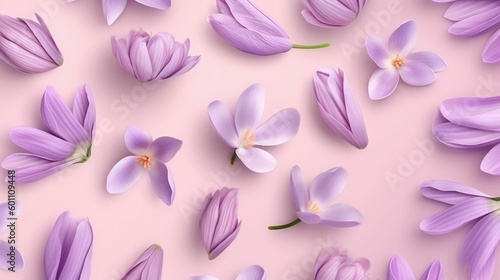 Seamless pattern with purple crocus spring flowers