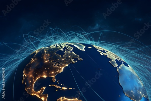 Connecting beams lines around the globe. global network concept. Generative AI