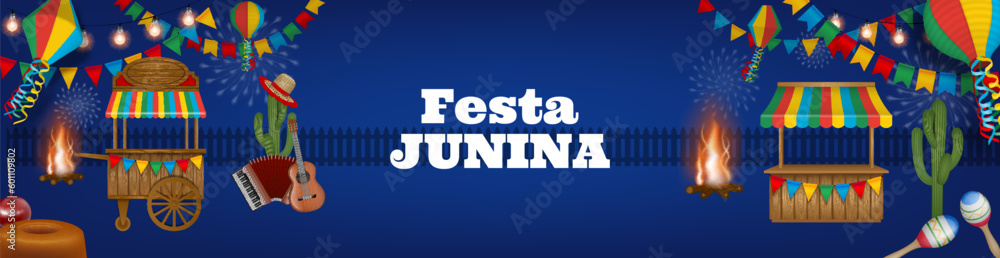 festa junina background with colorful lanterns, pennants and stalls. brazilian june festival banner  