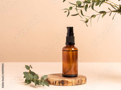 Natural cosmetics in glass bottles. Spa products. Organic, bio, natural cosmetic. Beauty, skincare concept