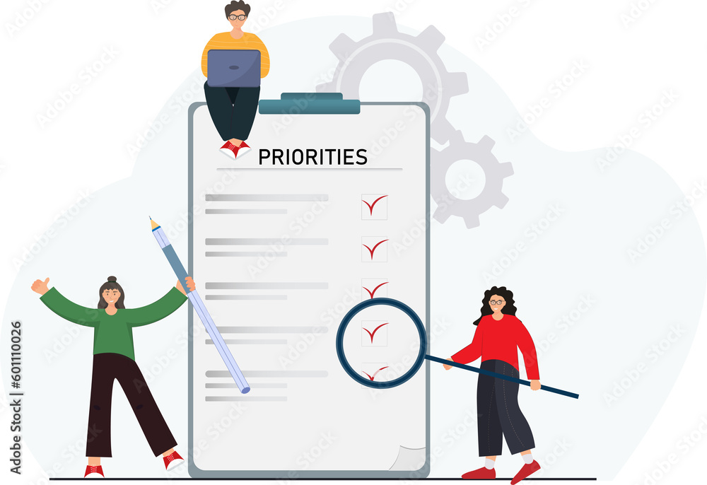 People fulfilling priorities checklist, checking or searching information, to do list concept, management concept, flat vector illustration.
