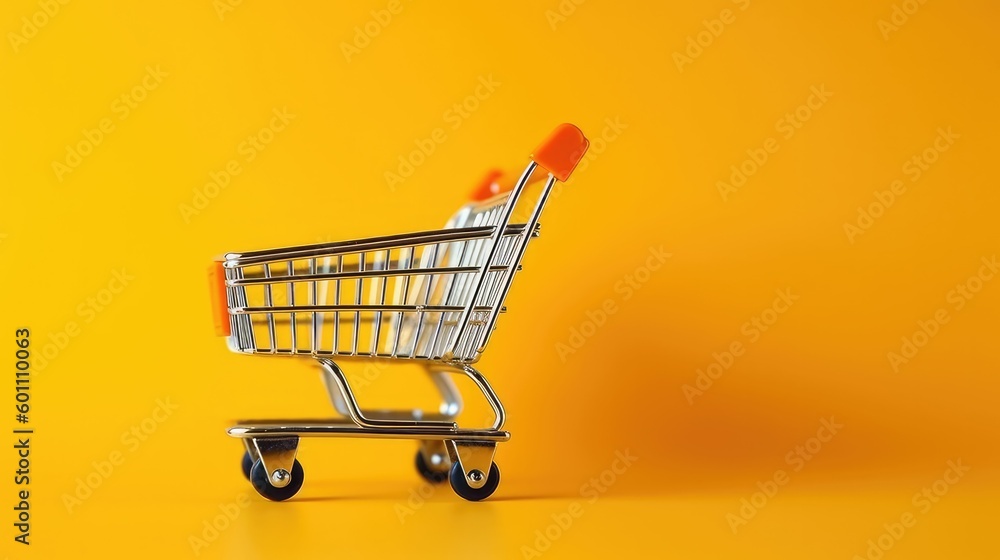 Shopping concept with a shopping cart on a yellow background Shopping concept with a shopping cart on a yellow background