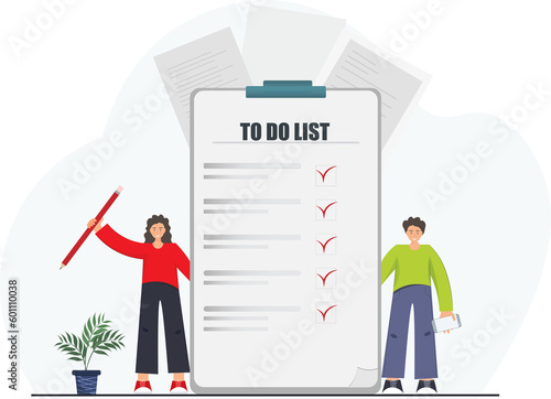 People checking to do list, planning business, management concept, check list for studying, flat vector illustration 