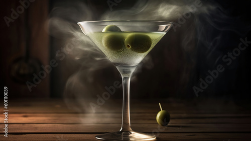 A martini glass is filled with clear vodka and liquid nitrogen, one detailed small green olive is in the martini glass, Generative AI