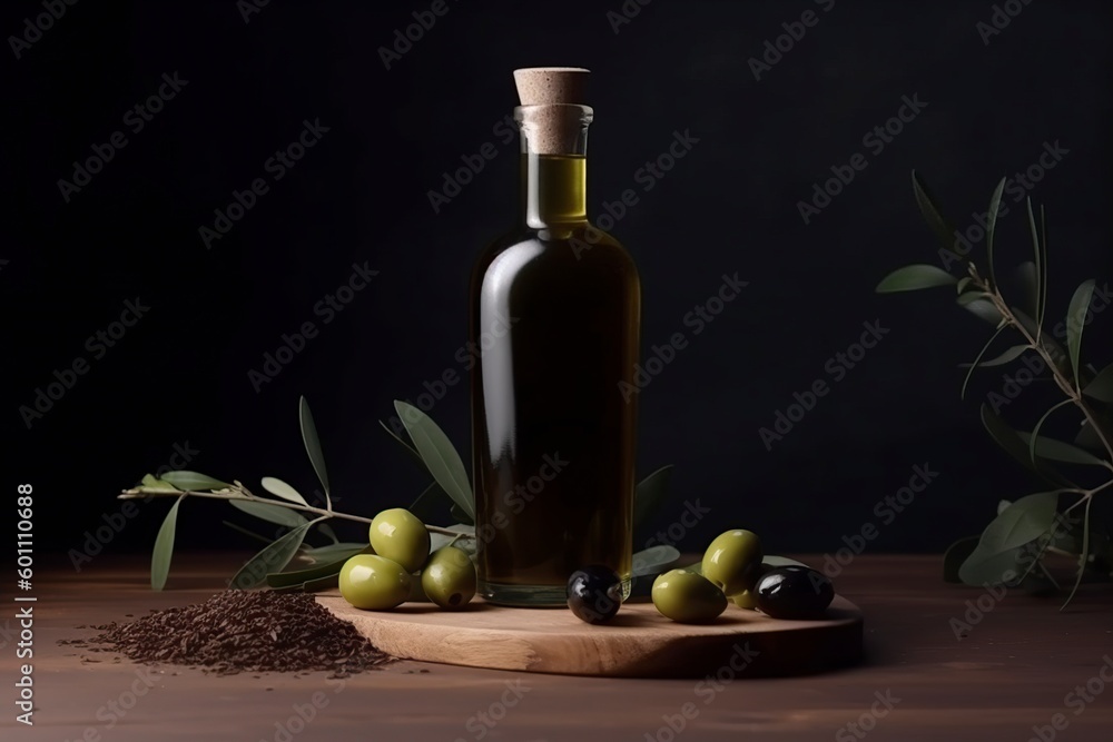 illustration, bottle of olive oil, ai generative. illustration, bottle of olive oil, ai generative.