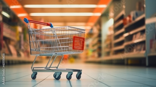 Wallpaper Mural Empty shopping cart with supermarket shelves aisle Torontodigital.ca