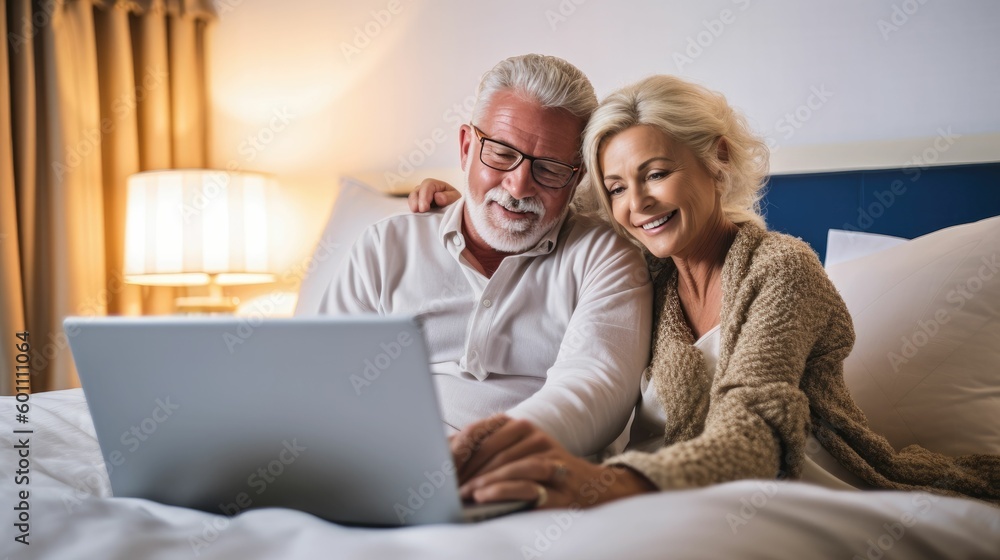 Senior couple using laptop on bed with credit card Senior couple using laptop on bed with credit card