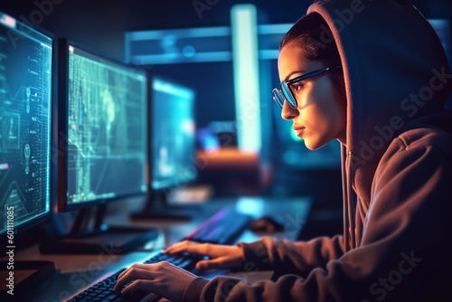 young woman female hacker geek working on cyber security workstation