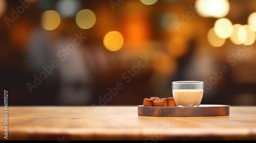 Empty coffee table over defocused coffee shop background