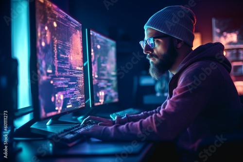 bearded man hacker security specialist coder working in front of workstation in a dark room with ambient light photo