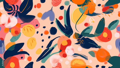 Hand drawn abstract cute fruits and flowers pattern. Collage playful contemporary print. Fashionable template for design