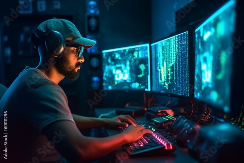 young man hacker security engineer coder working in front of workstation in a dark room with ambient light photo