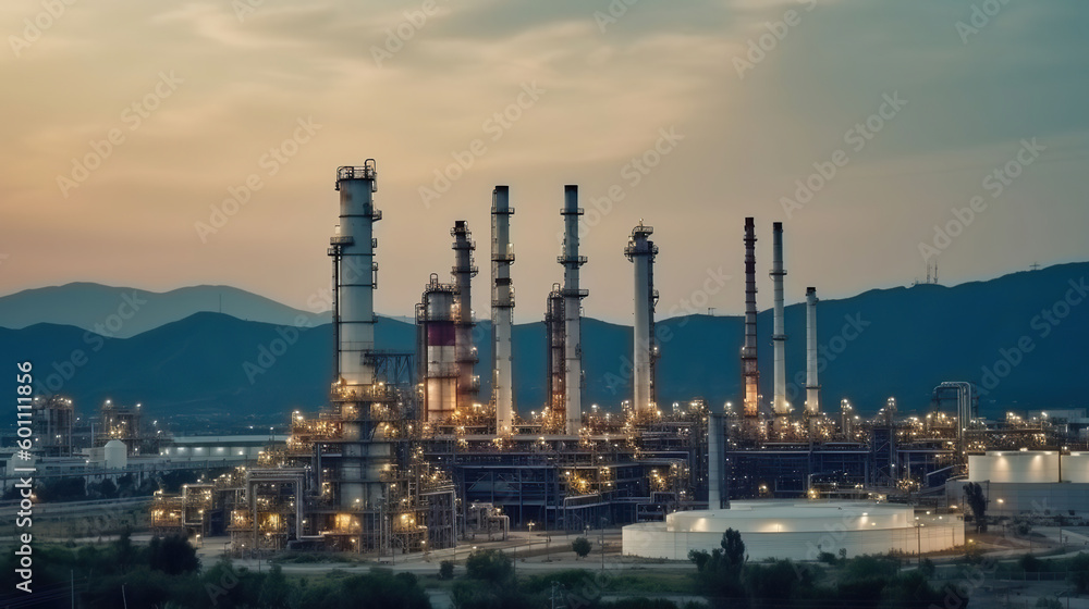 Oil refinery with a background of mountains and sky.The factory is located in the middle of nature, Generative AI Oil refinery with a background of mountains and sky.The factory is located in the middle of nature, Generative AI