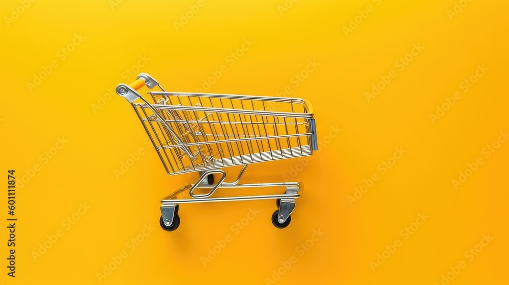 Minimalistic shopping cart on yellow background