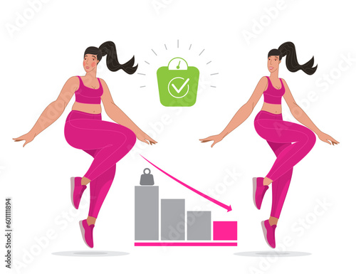 Positive result of training weight loss. A plump, sad girl and a happy, slender girl. Vector illustration isolated on white background