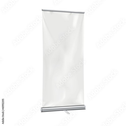 White blank roll-up retractable banner stand vector mock-up. Vertical pop-up roller exhibition display realistic mockup. Template for design