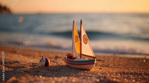 Toy sailboat at the seashore during sunset