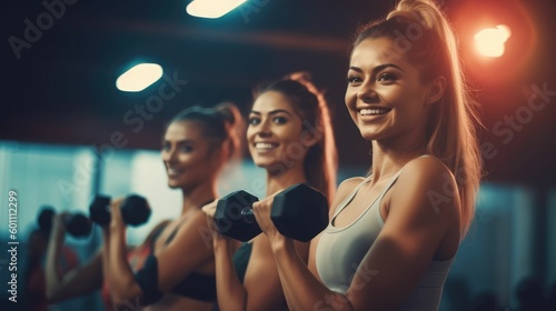 Two women friends working out with dumbbells in a gym