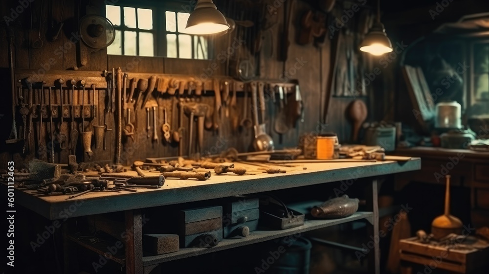 Workshop scene with old tools hanging on wall