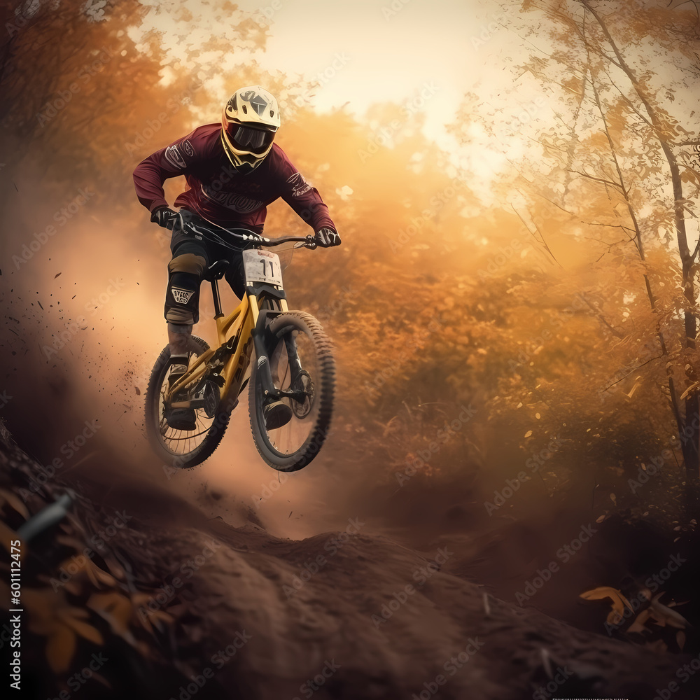 Naklejka premium Downhill Mountain Biker, Generative AI