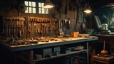 Workshop scene with old tools hanging on wall