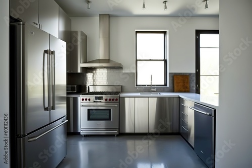 A minimalist kitchen with stainless steel appliances and countertops. Generative Ai.