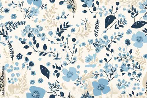 Cute hand drawn abstract flowers print. Modern cartoon style pattern. Fashionable template for design. Vintage blue and beige floral seamless pattern on white background