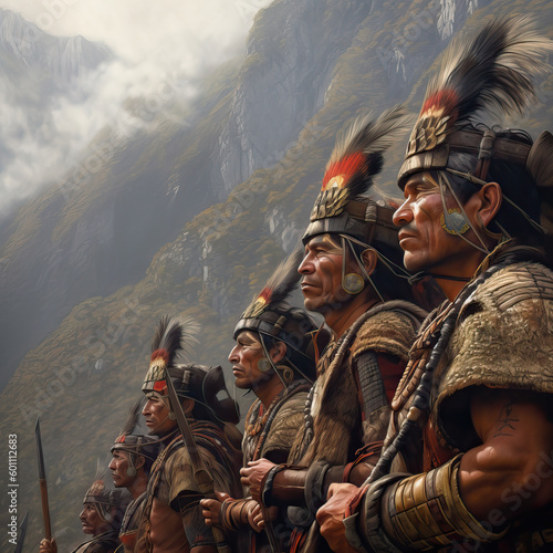 Indigenous Inca warriors standing on a mountain side, Generative AI portrait photo