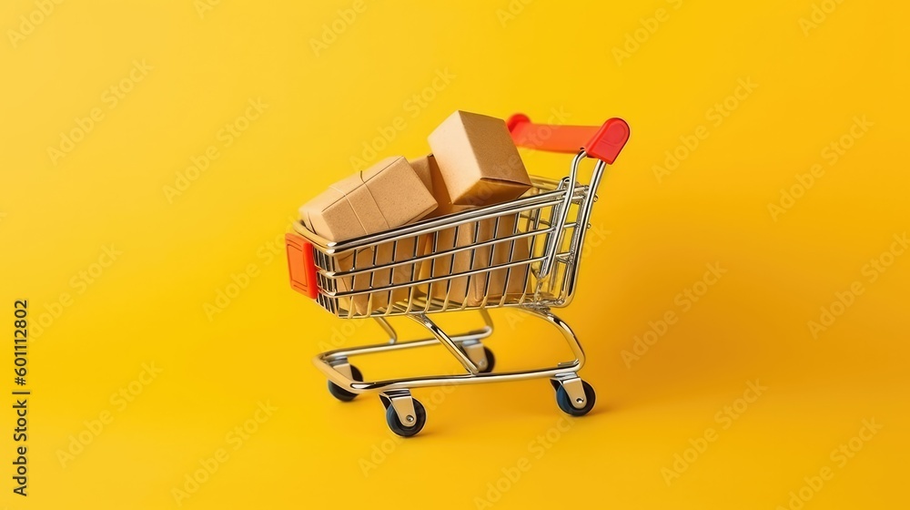 Flat lay of miniature supermarket cart with shopping bags