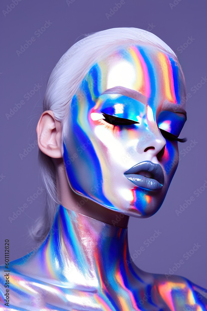 Futuristic beautiful girl with strong bold make up. Silver clothing on purple background. Generated AI.