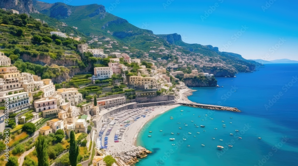 Panoramic view of Amalfi on hills leading down to the sea