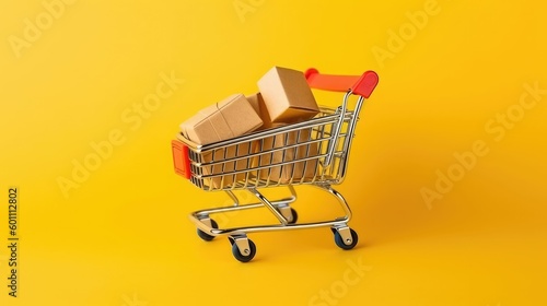 Flat lay of miniature supermarket cart with shopping bags
