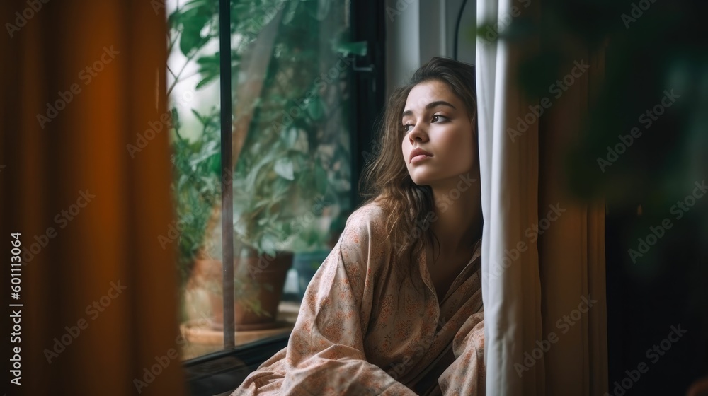Thoughtful young woman looking at trees from window Thoughtful young woman looking at trees from window