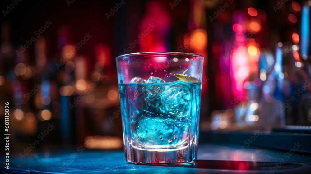 Cocktail blue lagoon, dans un verre avec glaçons sur un bar en zinc, ambiance lumineuse d'un club en arrière plan, illustration ia générative Cocktail blue lagoon, dans un verre avec glaçons sur un bar en zinc, ambiance lumineuse d'un club en arrière plan, illustration ia générative