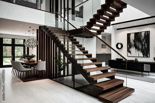 a contemporary interior design element featuring glass fencing and wooden stairs. Generative Ai.