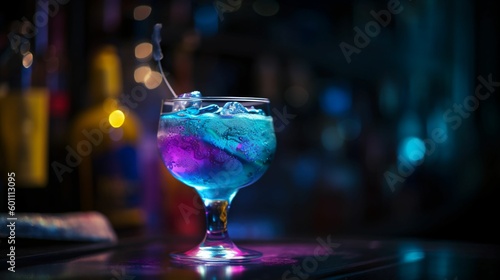 Cocktail blue lagoon, dans un verre avec glaçons sur un bar en zinc, ambiance lumineuse d'un club en arrière plan, illustration ia générative photo