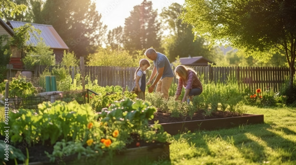 Family gardening in backyard vegetable garden - obrazy, fototapety, plakaty 