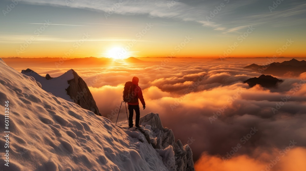 Mountaineer reaching the summit at sunset