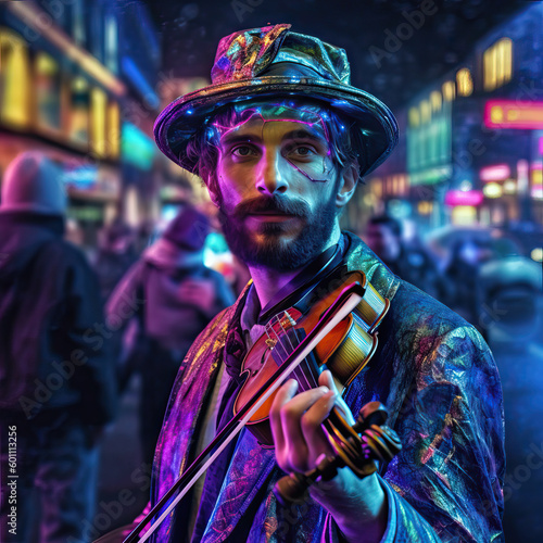Male busker standing on a busy city street with iridescent neon lights, Generative AI portrait