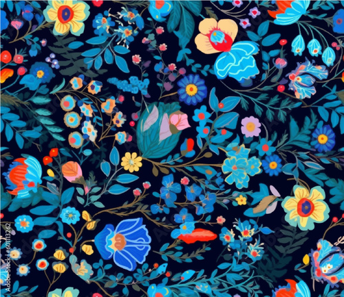 Cute colorful hand drawn vintage artistic flowers print. Modern cartoon style pattern. Fashionable template for design. Floral pattern with blue flowers in the folklore style
