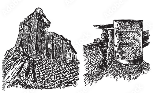 Graphical Liechtenstein castle and Koporye fortress isolated on white,vector illustration, architecture of Germany and Russia