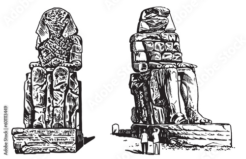 Colossi of Memnon isolated on white graphical illustration, landmark of ancient Egypt.
Statues of  Pharaoh Amenhotep III.Vector set
